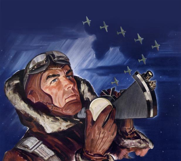 Artwork of a person viewing the skies with navigation tools in his hand. A row of airplanes are visible in the sky.