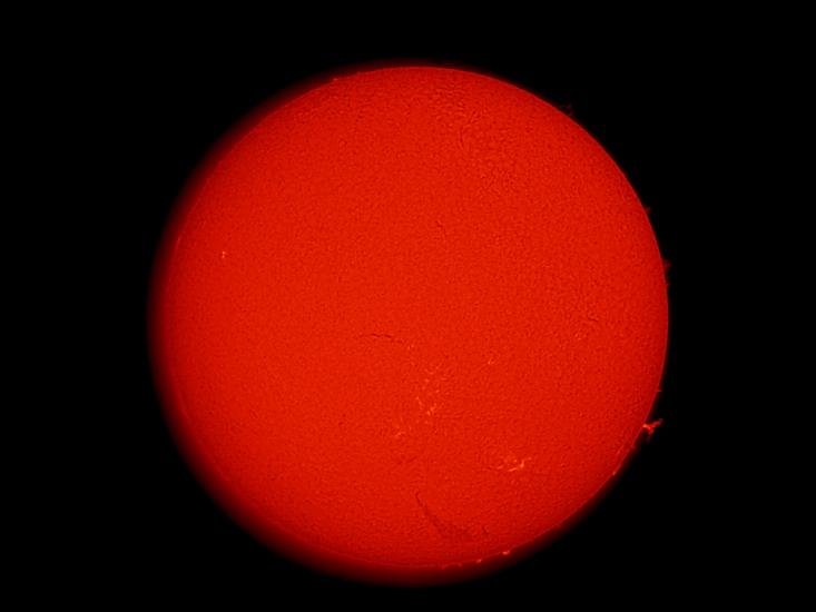 Disk view of the Sun's chromosphere with a few prominences of gases floating above the chromosphere visible on the right side of the disk.