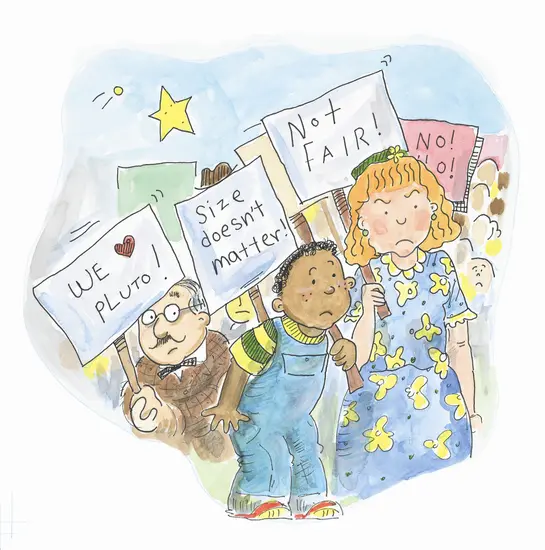 A storybook illustration of a protest with several people protesting the classification of Pluto as a dwarf planet.
