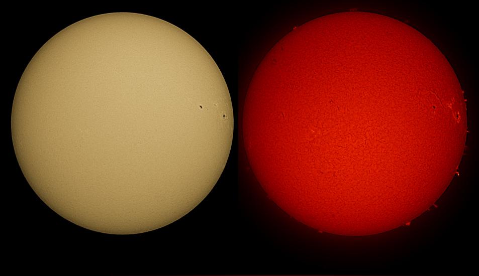 Two disk views of the Sun. The left disk shows the surface of the Sun, with a few sunspots visible on the right side of the disk. The right image shows the chromosphere of the Sun, with some prominences of gas floating from the surface of the Sun and a couple of phages on the right side of the disk.