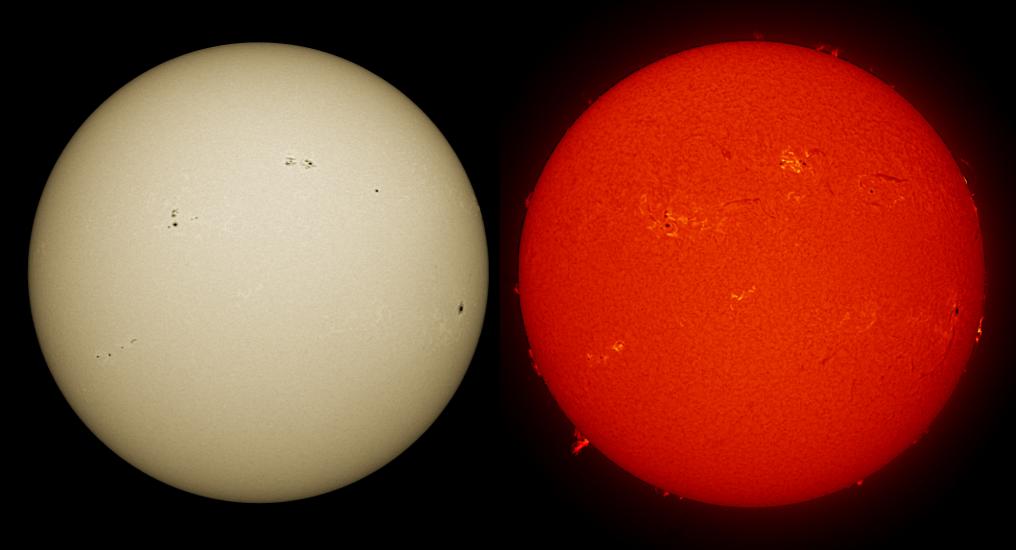 Two disk views of the Sun. The left disk shows the surface of the Sun, with a few sunspots visible on the right side of the disk. The right image shows the chromosphere of the Sun, with some prominences of gas floating from the surface of the Sun and phages resulting from solar flares as lighter colors. Both the prominences and phages can be seen across the right disk.