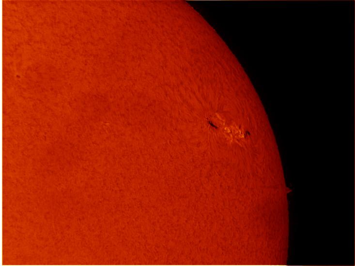 Partial disk view of the Sun's chromosphere highlighting a large sunspot, identifiable by the dark and lighter spots visible near the edge of the disk.