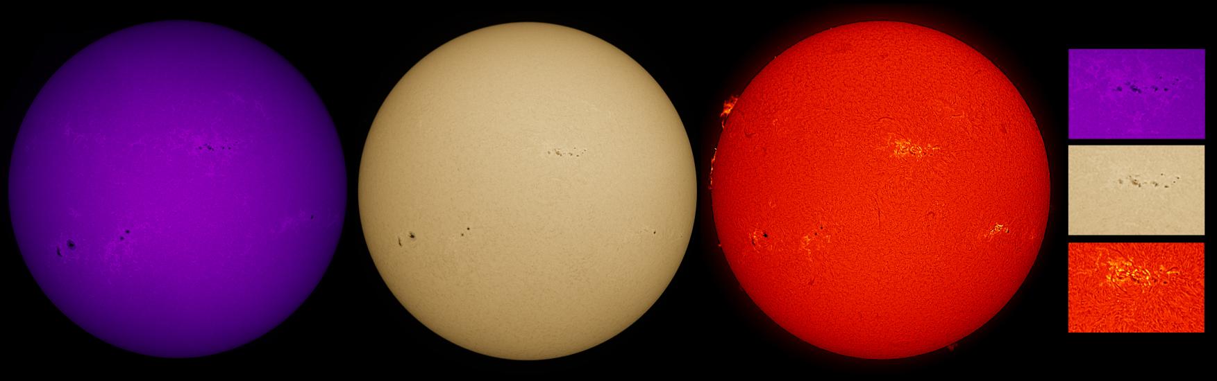 Three disc views of the Sun. The left image reveals the Sun's atmosphere, highlighting bright-coloured clouds called phages. The middle disk reveals the Sun's surface, highlighting sunspots found mostly on the left side of the disk. The right side highlights prominences of gas floating from the surface on the edges of the disk, as well as multiple phages.