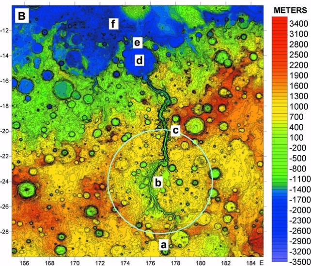 Colored topographical map of an area of Mars featuring a large outflow channel of scoured land.