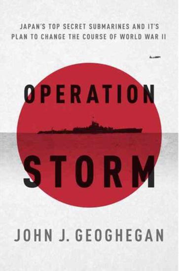 Book cover designed around the Japanese flag which is mostly with a red circle. A submarine is in the center of the red circle. The title "Operation Storm" is placed around the submarine, with its subtitle above the title and the author below the title.