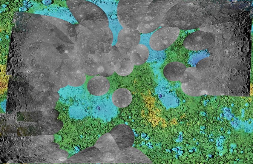 Partial view of the nearside of the Moon using black and white radar and colored topographic map.