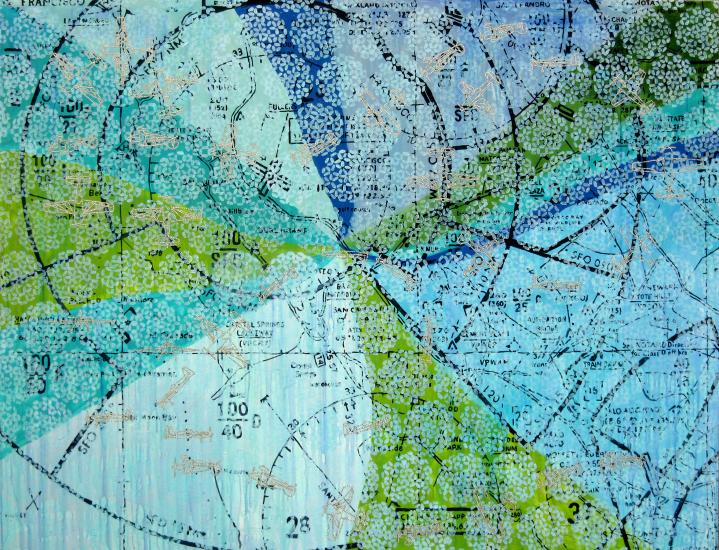 Artwork of a map with many blue and green colors denoting different areas and many sketches of navigational tools.