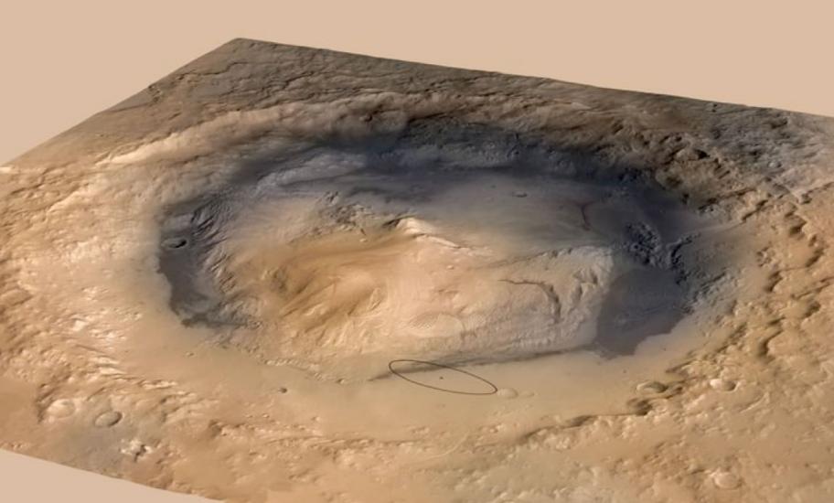 A three-dimensional view of a crater on Mars and the nearby surface. A small ellipse represents a Mars Rover which travelled up a mountain inside of the crater.