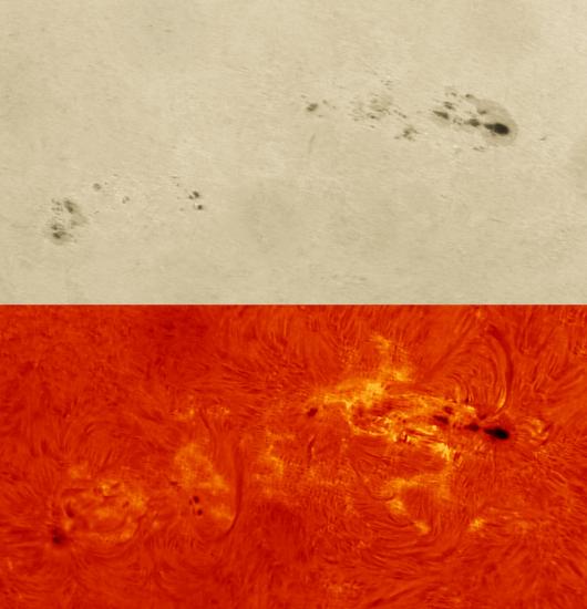 Two images of the Sun showing the same space on the Sun, however the top image shows the surface of the Sun and the bottom image shows the atmosphere above the Sun's surface. On both images, a sunspot cluster can be seen as darker spots on the Sun. On the bottom image, however, phages, or clouds, in lighter colors are also visible near the darkest spots of the cluster.