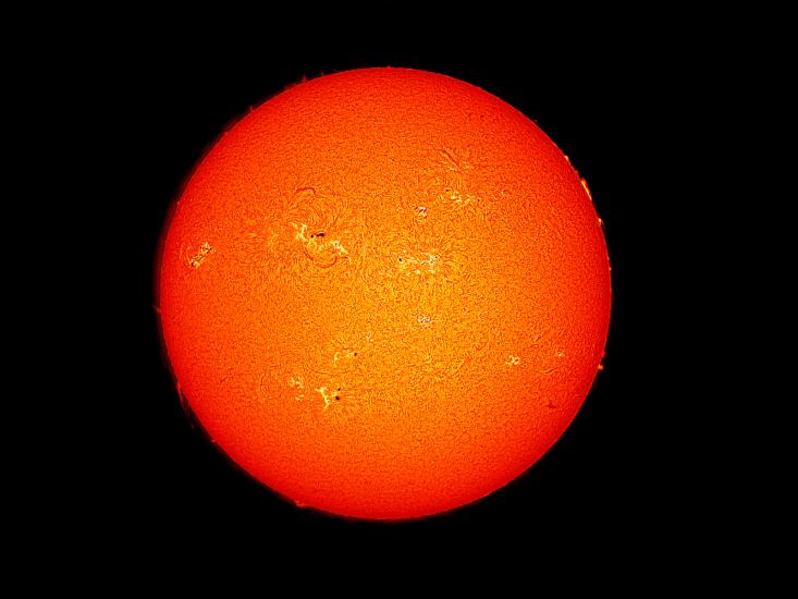 Disk view of the Sun's atmosphere revealing dark spots called sunspots and surrounding phages of lighter-colored clouds across the visible disk. Prominences of gases floating above the surface on the edges of the disk are also visible across the visible image.