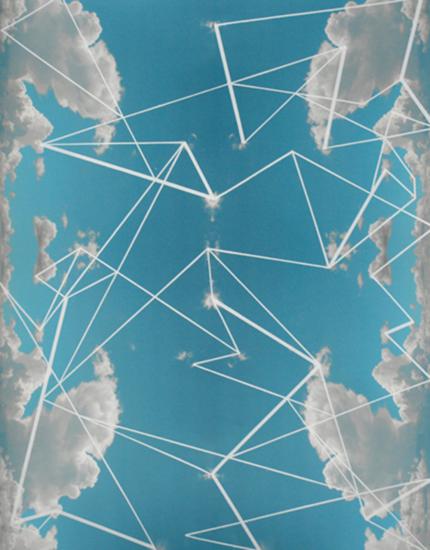 Artwork featuring a blue sky with clouds and a long set of lines crossing each other.