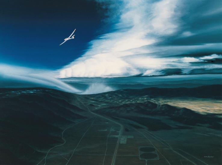 Painting of a arid lanscape with an airplane flying above clouds.