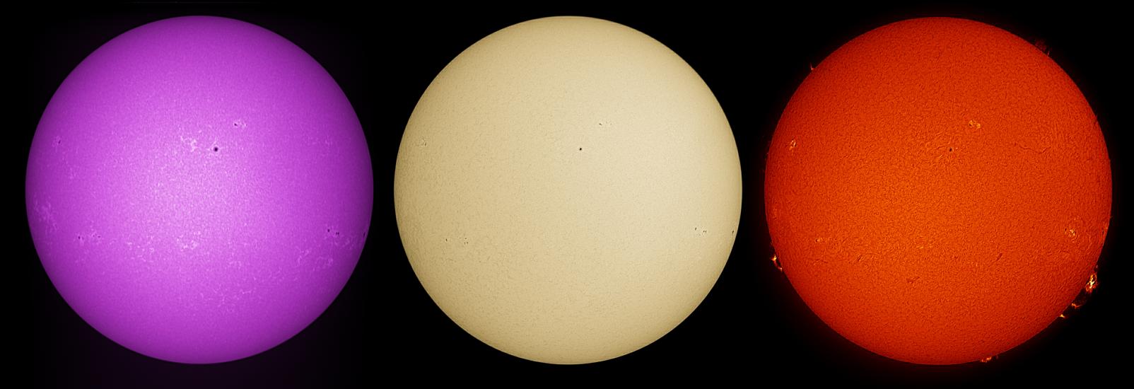 Three disk views of the Sun. The left disk reveals sunspots (dark spots) and phages (light clouds surrounding the darkspots) visible in the Sun's atmosphere. The middle disk reveals the Sun's surface, with a few sunspots visible as dark spots. Similar to the left disk, the right disk reveals the Sun's atmosphere. Sunspots are visible as dark spots surrounded by lighter phage clouds, but prominences are also visible as gases float off the edges of the disk.