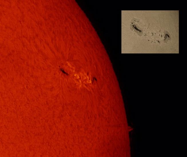 A partial disk view of the Sun's atmosphere is placed next to a small image of the Sun's surface. Both highlight a sunspot group visible as darker colored spots. A phage is visible on the atmospheric disk as lighter clouds near the sunspot group.