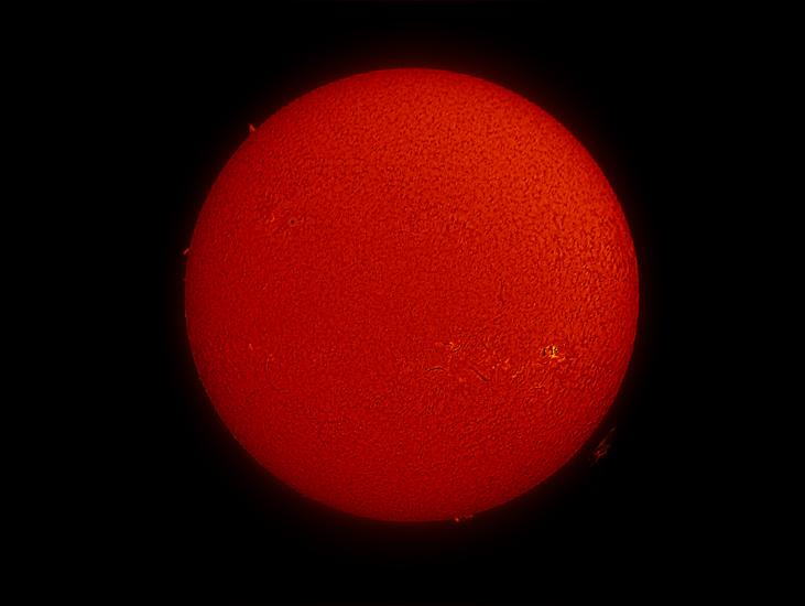 Disk view of the Sun's atmosphere. Two sunspots are visible on the Sun with lighter-colored phages indicating their presence in the bottom right quadrant. A few prominences of red-colored floating gases are visible on the edges across the disk.