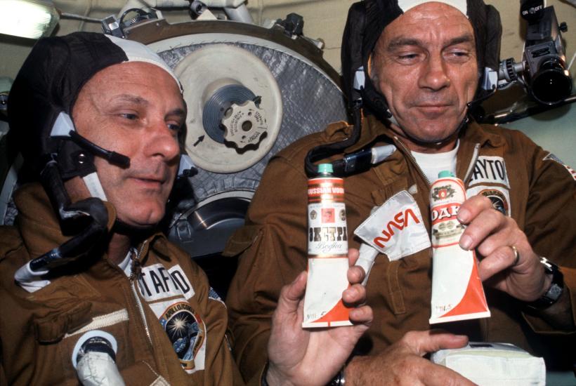 Apollo-Soyuz Toasting in Space