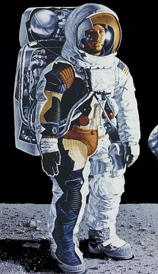 Diagram with a cutaway revealing the interior contents of the Apollo spacesuit. Multiple materials and colors are found under the white outer base.