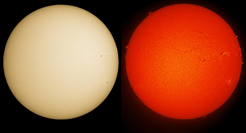 Two disk views of the Sun. The left image shows the surface of the Sun, with only two sunspots (dark spots) visible on the far right side of the disk. The right disk shows the Sun's atmosphere, with the sunspots on the surface appearing on the right side of the right disk with small lighter-colored phages around them. Prominences (spots floating off the edges) of floating gas and filaments (dark lines) of floating gas are visible as well, mostly on the upper half of the disk. 