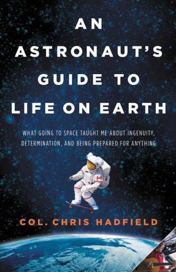 Book cover about an astronaut's perspective after going to space. An illustration of an astronaut riding a skateboard in space is seen below the title.