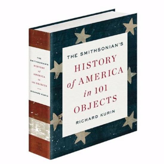 Book cover for a book about American objects with the blue and white section of the U.S. flag as a backdrop.