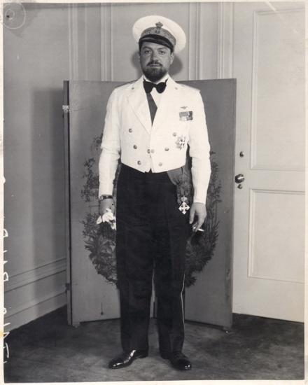 Portrait of Italo Balbo, a white male aviator, in a pilot's uniform.