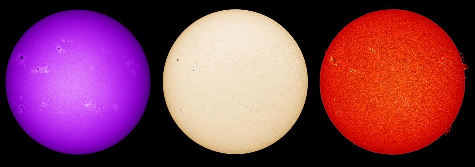 Three disk views of the Sun, side by side. The first disk reveals sunspots (dark spots) and phages (lighter-colored spots). The second disc shows the surface of the Sun with a couple of sunspots visible as dark spots. The third disc reveals the Sun's atmosphere,  with sunspots as dark spots surrounded by lighter-colored phages, and a prominence of gas floating away from the atmosphere on the upper right side of the disk.