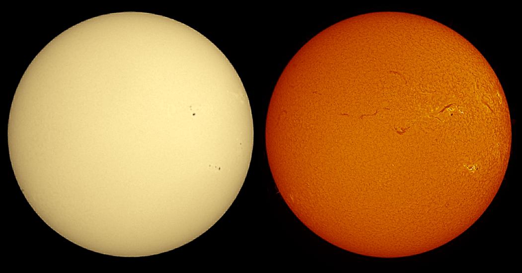 Two side-by-side disc views of the Sun. The first disc reveals the Sun's surface, lighlighting a couple of sunspots, indicated by black spots, on the right side of the disc. The second disc reveals lighter-colored areas around the sunspots called phages, and dark lines called filaments are visible across the top half of the disc.