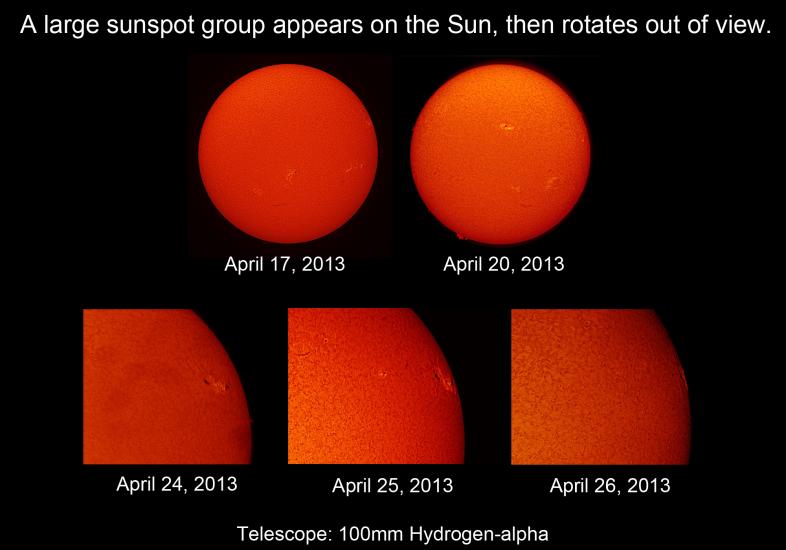 A set of five disk images of the Sun with two being full images and three being partial images. The images are tracking a sunspot group on the Sun.