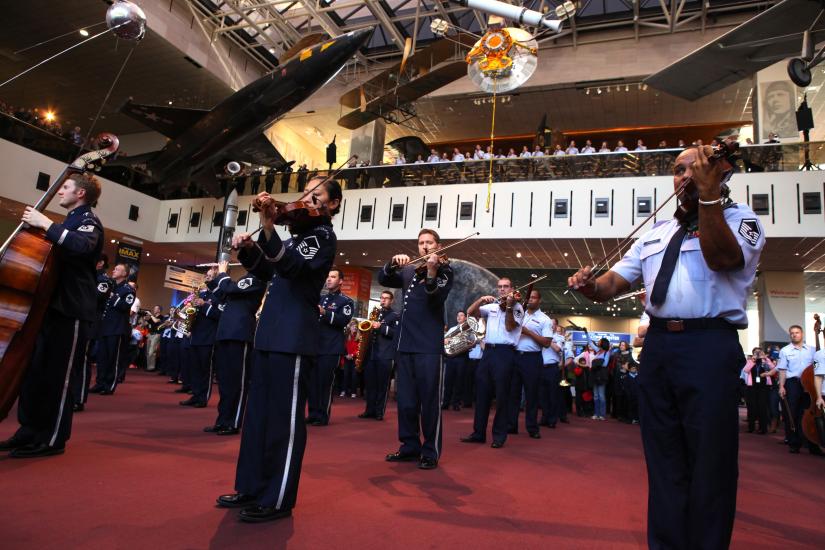 A group of musicians who are part of the U.S. Air Force perform unexpectedly at the Museum.