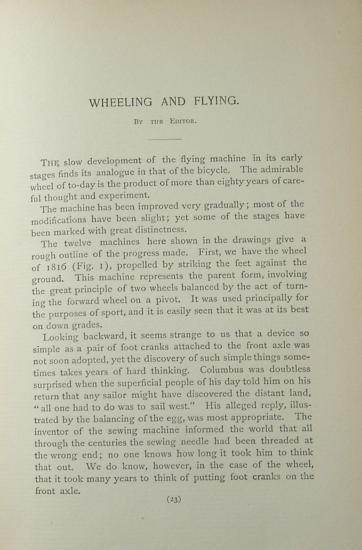 A page of an article from the late-1800s about a potential connection between bicycles and flight.