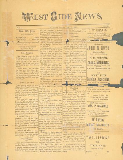 A newspaper page printed by Orville Wright in 1889 called "West Side News".