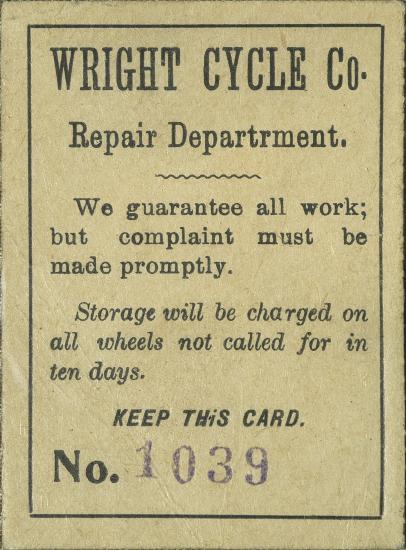 Wright Cycle Co. Repair Claim Check