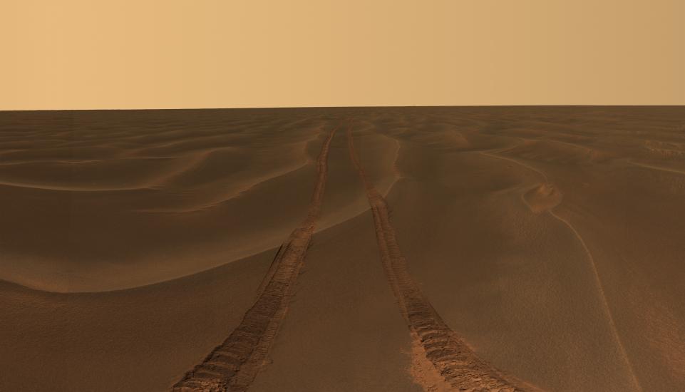 An area of Mars consisting solely of sand dunes. River tracks can be seen into the horizon.