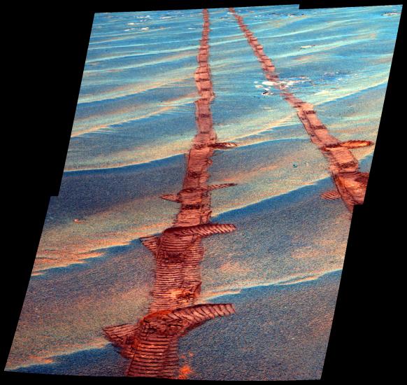 A set of tracks left by the Opportunity Rover as it traverses sand dunes on Mars.