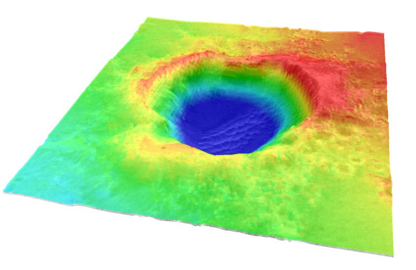 A terrain model of Santa Maria Crater and nearby topography on Mars, with colors indicating the height of the terrain.