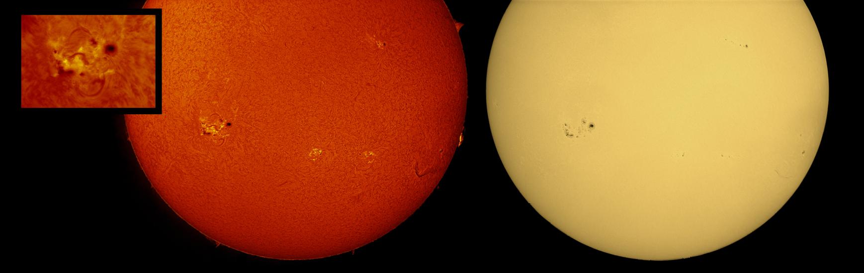 One close-up panel of the Sun's atmosphere next to two partial disk views of the Sun. The left partial disk shows multiple sunspot (dark spots) clusters surrounded by phages (lighter colored clouds). The close-up view next to the disk shows a closer view of the largest sunspot cluster. The right partial disk view reveals the surface, with sunspots visible as dark spots.