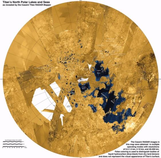 View of the northern section of Titan, a moon of Saturn, with land labeled as yellow and liquid seas and lakes labeled as dark blue.