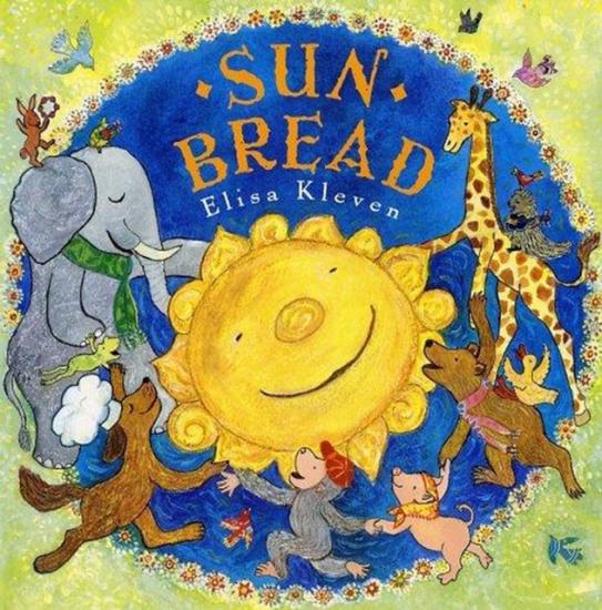 Book cover for a book about the Sun with an illustration of various anthropomorphic animals holding hands in a circle around the Sun.