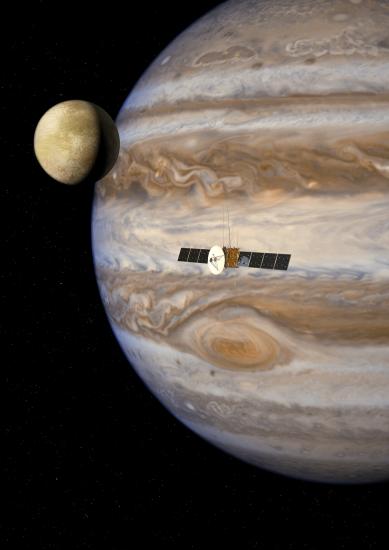 An artist's vision for a satellite intended to investigate moons orbiting Jupiter. 