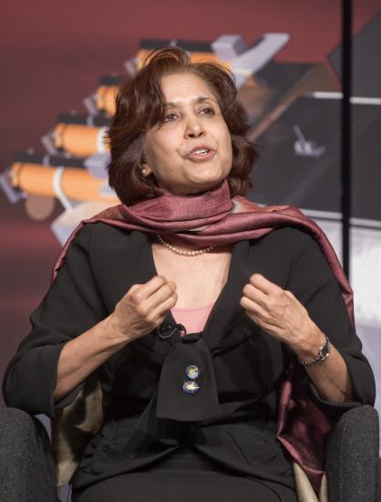 Madhulika (Lika) Guhathakurta, a woman, speaks at a briefing.