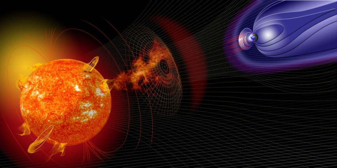 An artist's depiction of how solar activity impacts Earth through a solar flare reaching the magnetic fields surrounding Earth.