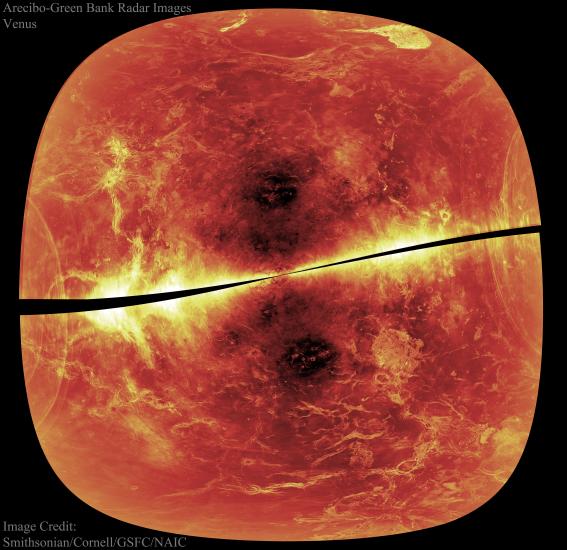 A radar-viewed map of Venus focusing on one hemisphere of the planet. Darker spots represent smoother areas on the planet whereas lighter spots represent very rough areas of the surface.