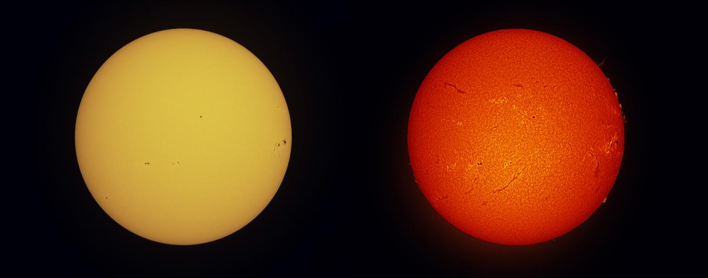 Two disk views of the Sun, side-by-side. The left disc view shows the surface of the Sun, which has a few sunspots visible as dark spots. The right disk view of the Sun features the same sunspots as well as phages (lighter color clouds). Dark lines called filaments and gases floating away from the surface called prominences are also visible on the disk.