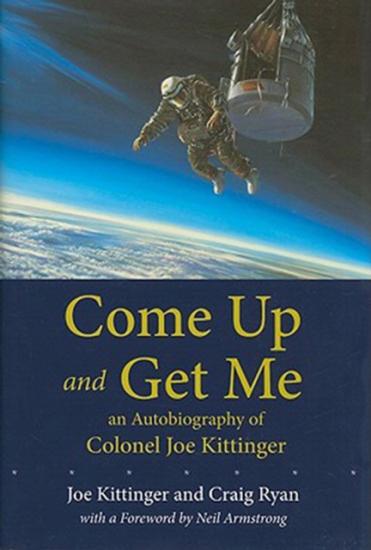 Book cover for an autobiography about Colonel Joe Kittinger featuring a depiction of a person free falling near the edge of the Earth's atmosphere.