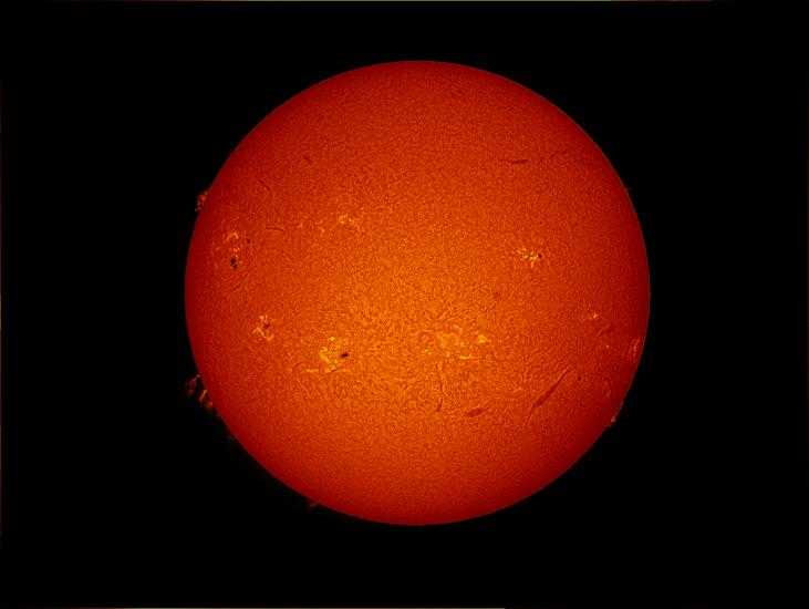 Disk view of the Sun's atmosphere. Floating gases off the edge of the disk called prominences are visible as well as filaments (dark lines) on the disk of the Sun. Sunspots (dark spots) and phages (lighter-colored clouds) are also visible on the disk.