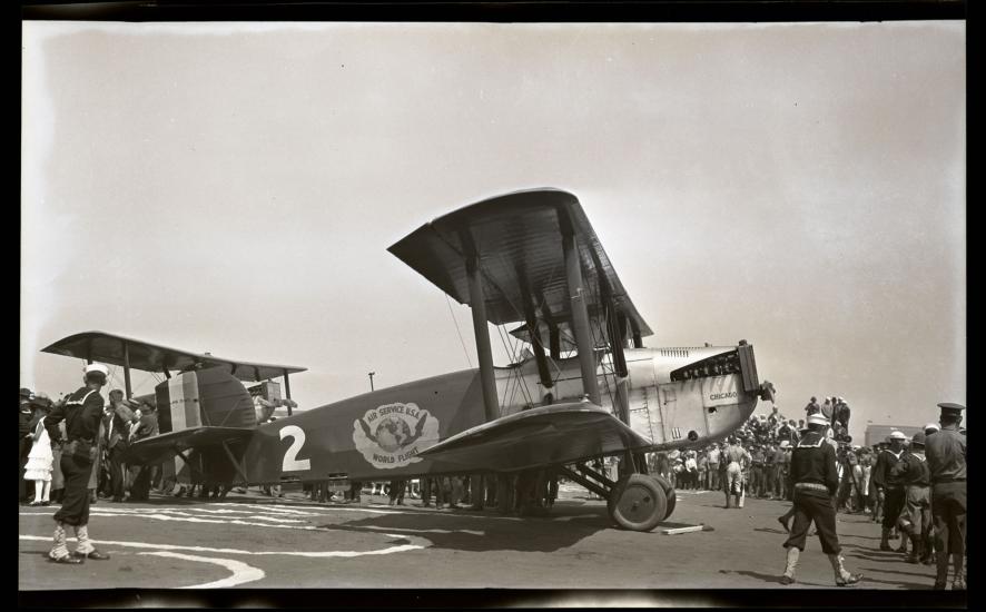 The Douglas World Cruiser Chicago, a biplane with one engine, on tarmac.