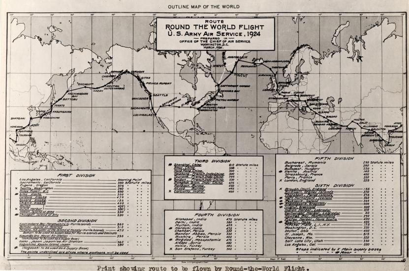 A map of the world featuring a drawn and labeled path of the World Flight.