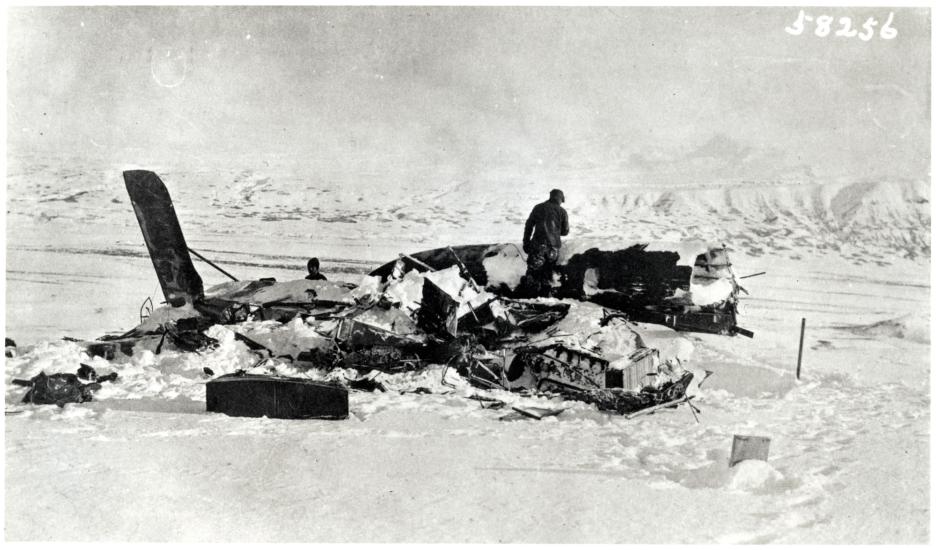 Crash site of the Seattle Douglas World Cruiser, a biplane, in Alaska, where the Seattle is seen destroyed.