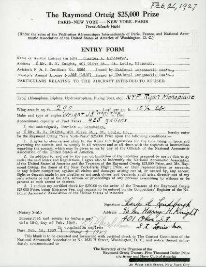 Official Entry Form from Charles Lindbergh