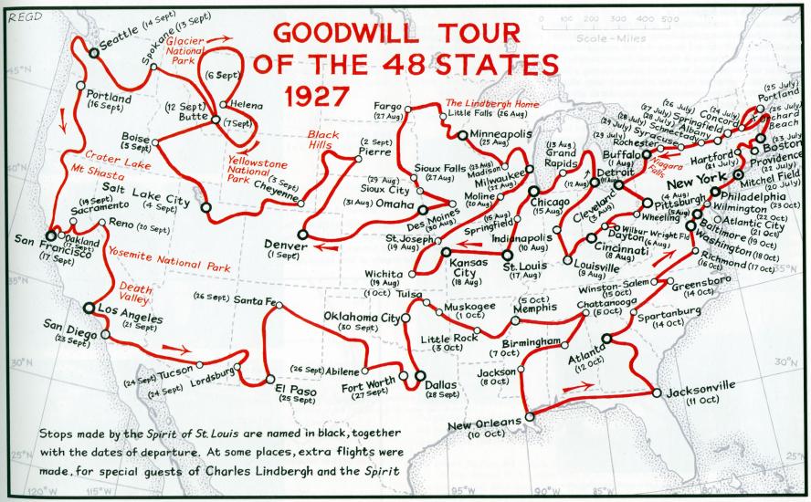 A map highlighting the route of Lindbergh's tour of the 48 continental states in the United States.